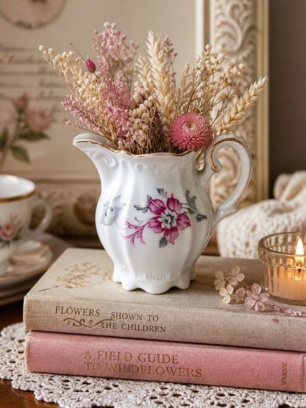 Vintage US Zone Germany Porcelain Creamer Pink Floral Gold Trim